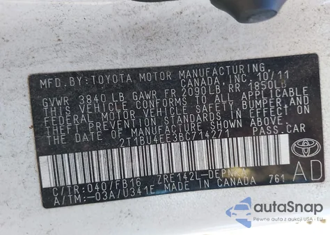 2011 Toyota Corolla Le from USA, damaged, VIN 2T1BU4EE3BC714271